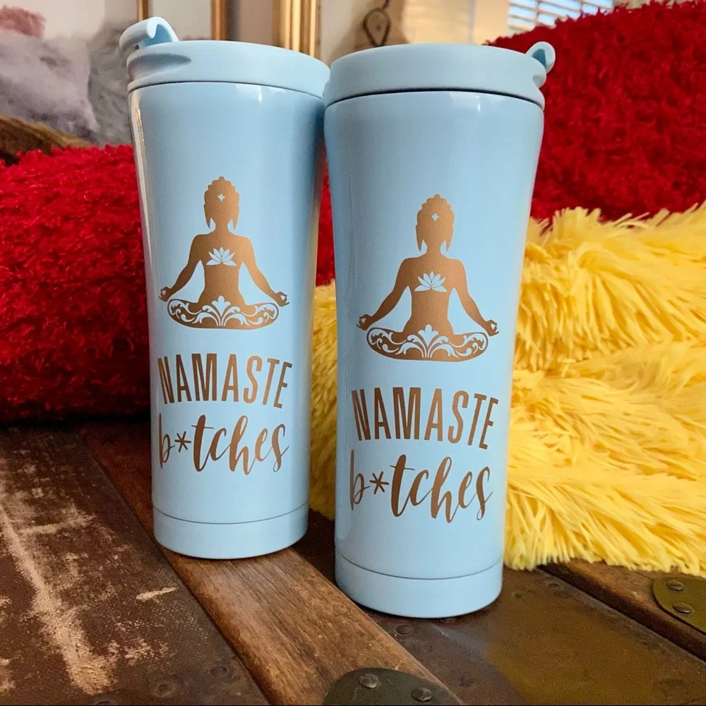 Baby Blue Tumbler, Namaste. Convenient lid that flips open and closed.